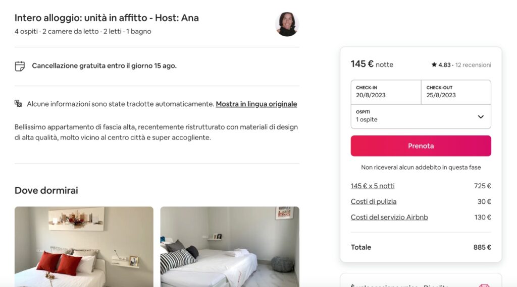 Sezione dettagli dell'appartamento dell'host su Airbnb: da qui è possibile prenotare, vedere chi è l'host, il tempo di cancellazione gratuita, le camere da letto