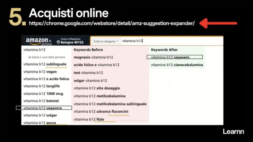 Esempio ricerca con tool Amz Suggestion Expander