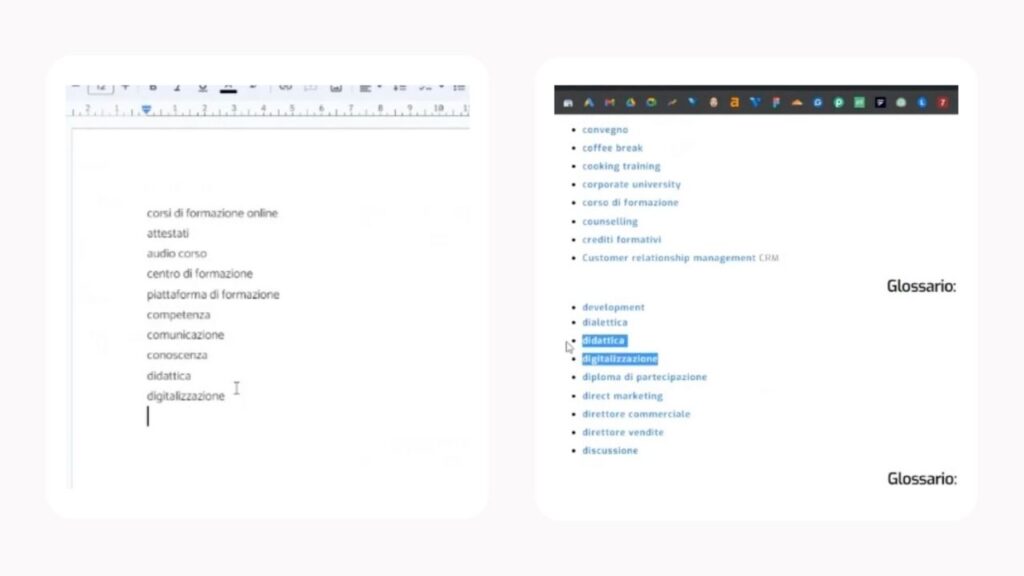 Trasformare un glossario in parole chiave