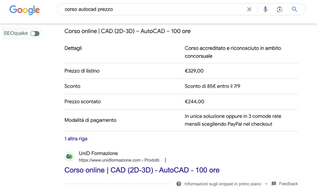 Screenshot del risultato di ricerca google per il termine "corso autocad prezzo"