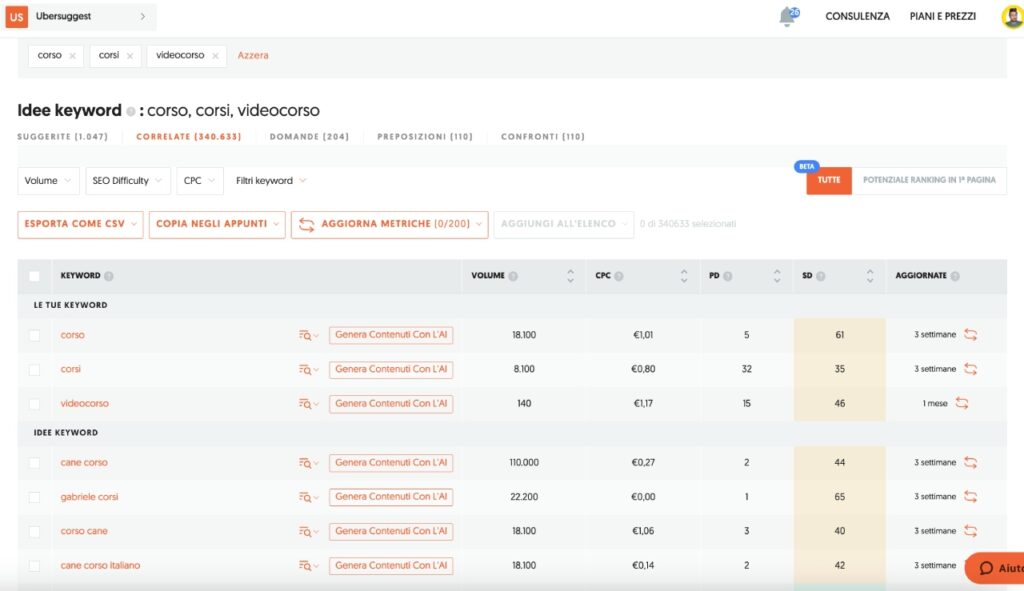 Esempio di ricerca su Ubersuggest per le parole chiave "corso, corsi, videocorso"