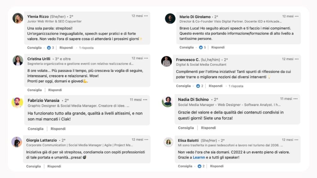 Testimonianze di utenti LinkedIn per C2023