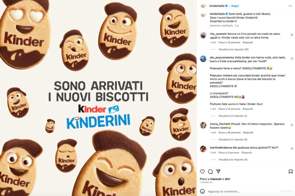Post Instagram di Kinder Italia per la presentazione dei nuovi biscotti Kinderini