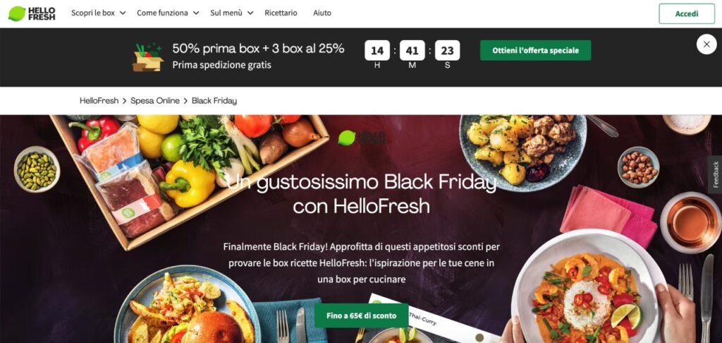 Il marketing di HelloFresh per il Black Friday consiste in una box ricette scontata al 50% e 3 box al 25%