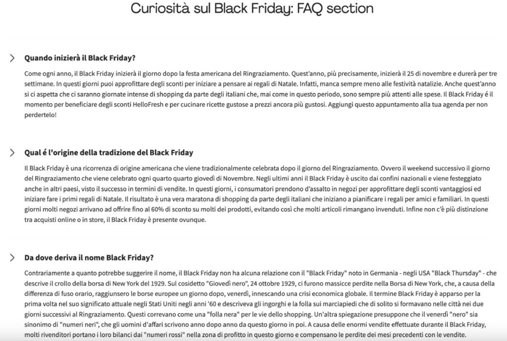 Curiosità sul Black Friday nelle FAQ del sito di HelloFresh