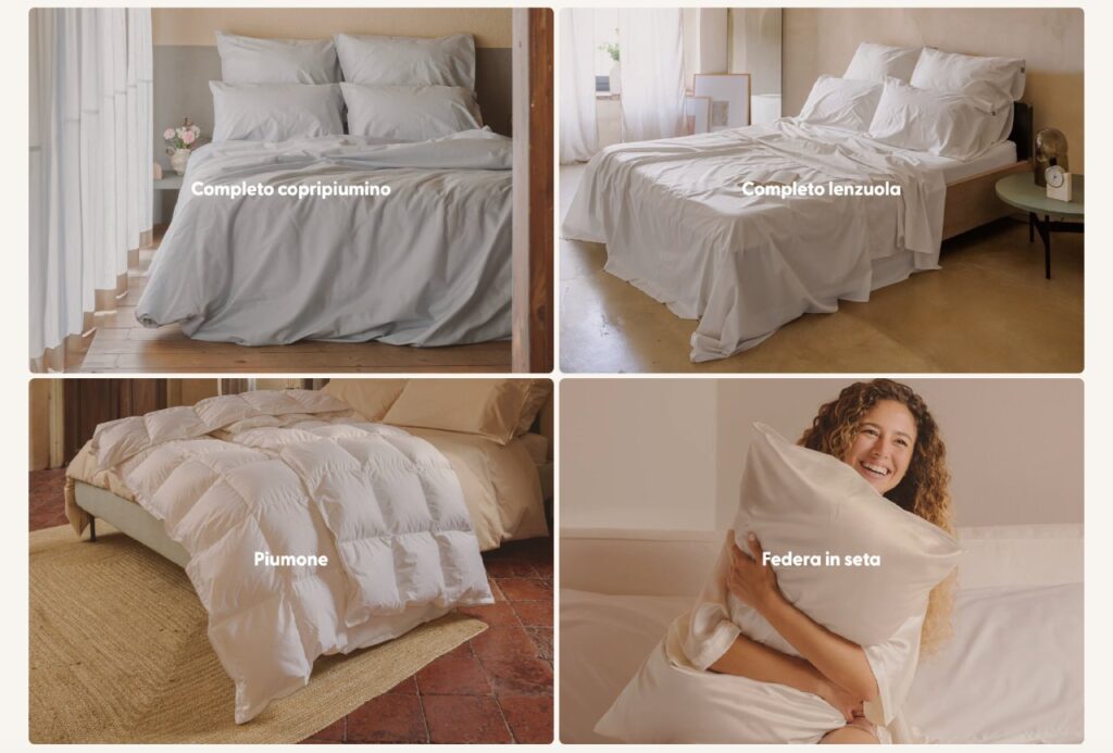 La sezione dei prodotti in promozione mostra tramitre immagini le lenzuola, piumini e cuscini di Dalfilo