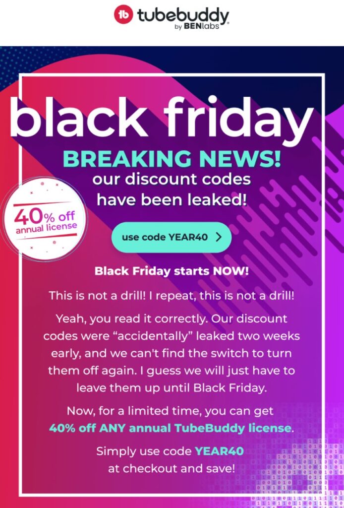 E-mail di Tubebuddy per il Black Friday, con coupon per il 40% di sconto