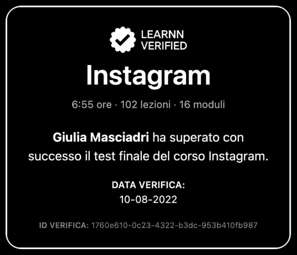 Esempio di attestato Learnn Verified