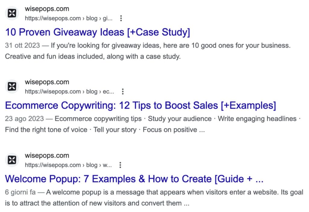 Esempio SERP degli articoli di Wisepops