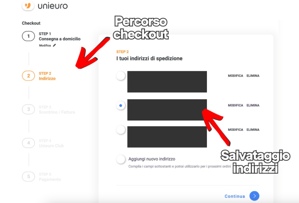 Percorso di checkout sull'e-commerce di Unieuro, in fase di spedizione