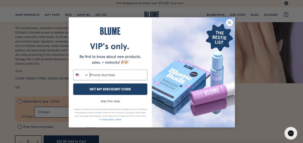 Popup di iscrizione alla newsletter VIP di Blume