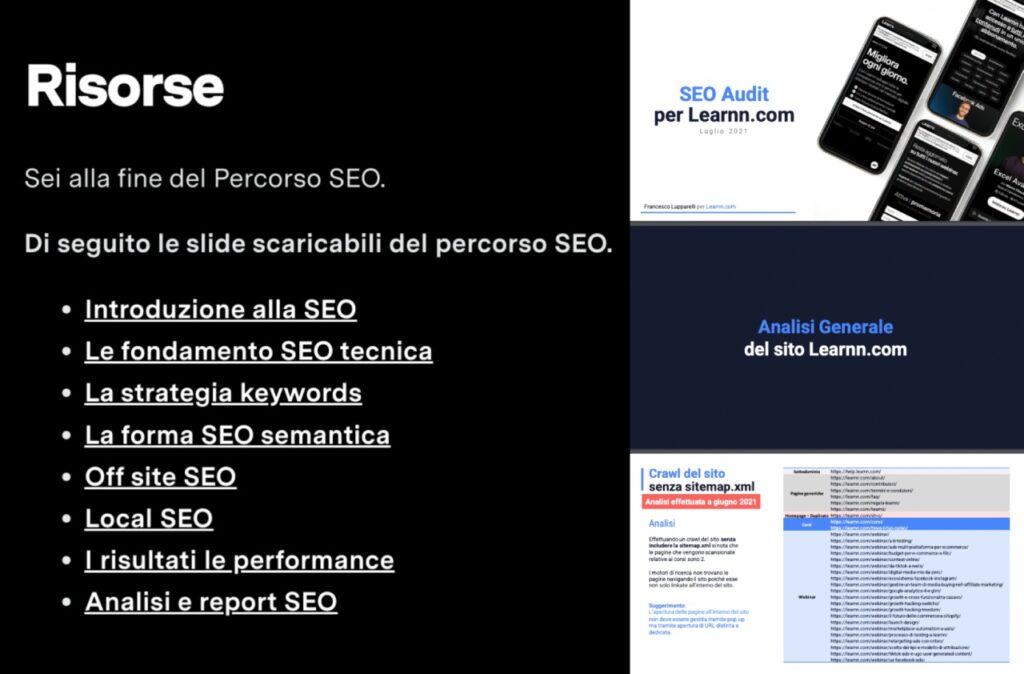 Esempio di risorse, strumenti, tool e PDF dei corsi presenti su Learnn