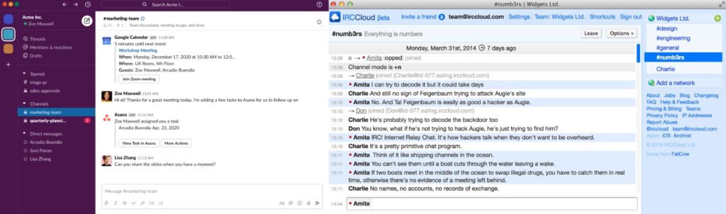 Schermata di Slack vs Irc