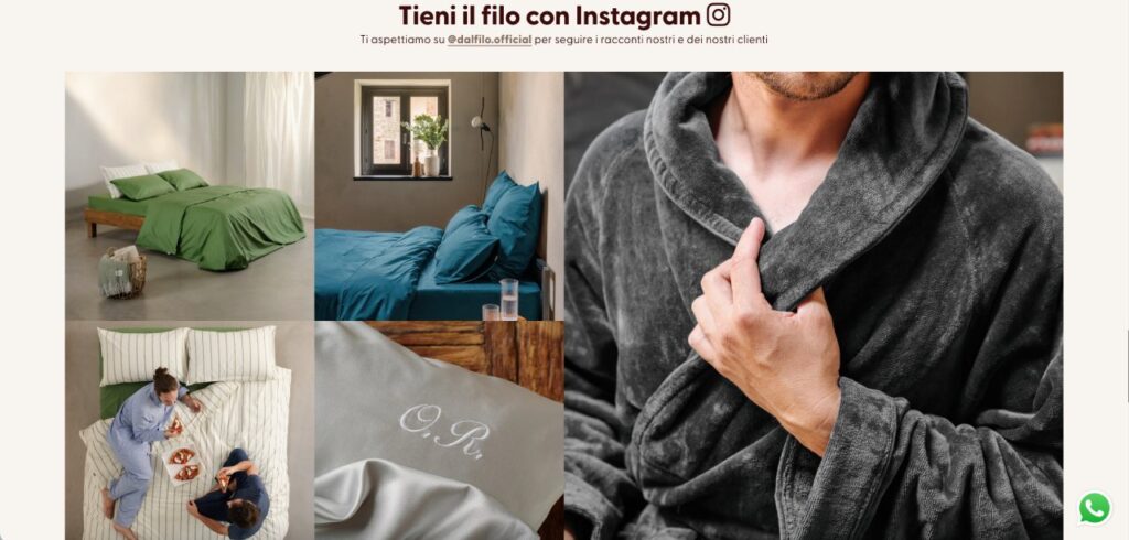 Nella pagina di Dalfilo troviamo anche gli elementi social che invitano a seguire la pagina Instagram del brand