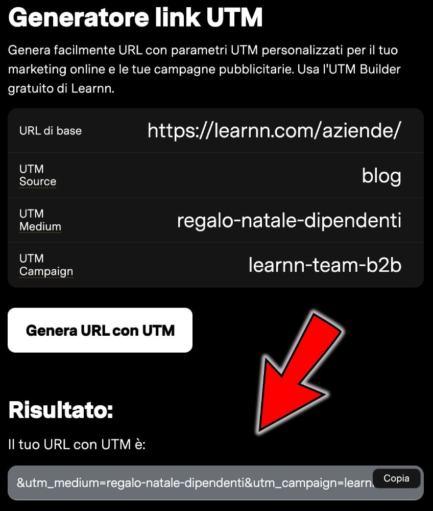 Screenshot del generatore dei link con parametri UTM di Learnn Tools