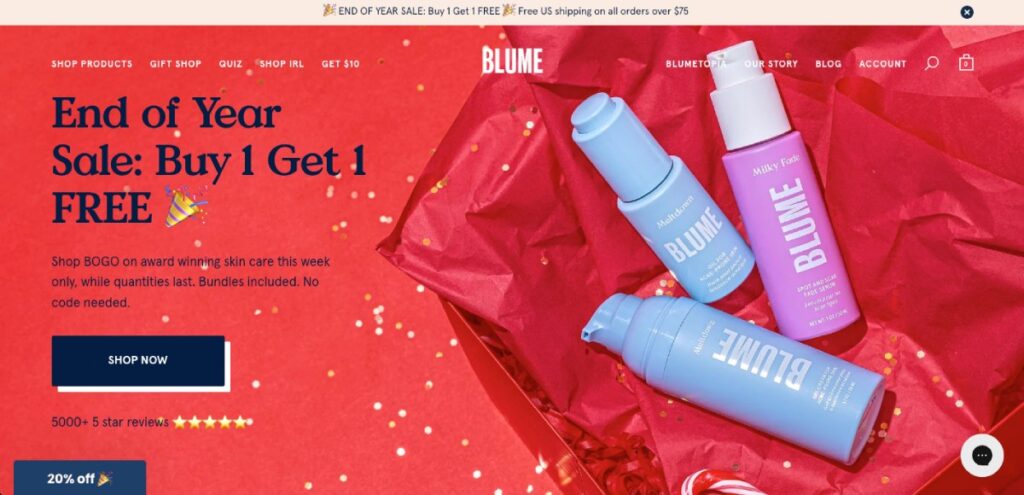 Home del sito Blume, brand di cosmetica
