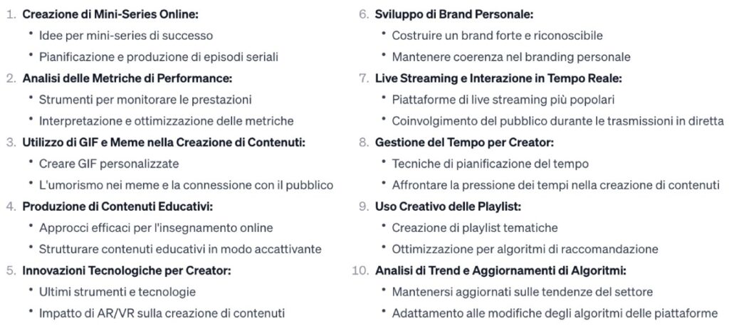 Lista di idee contenuti estesa con ChatGPT