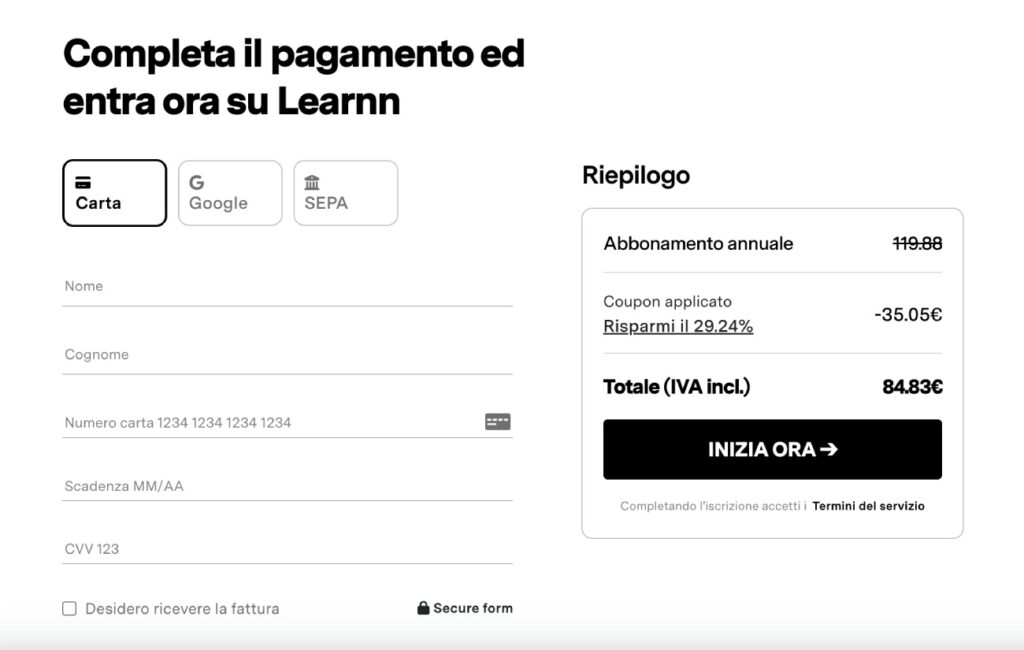 Fase di checkout e pagamento di Learnn