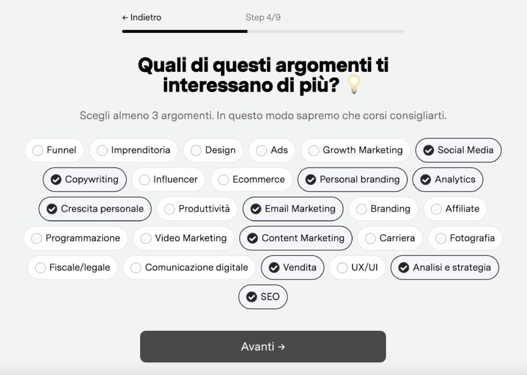 Questionario di onboarding in fase di iscrizione su Learnn