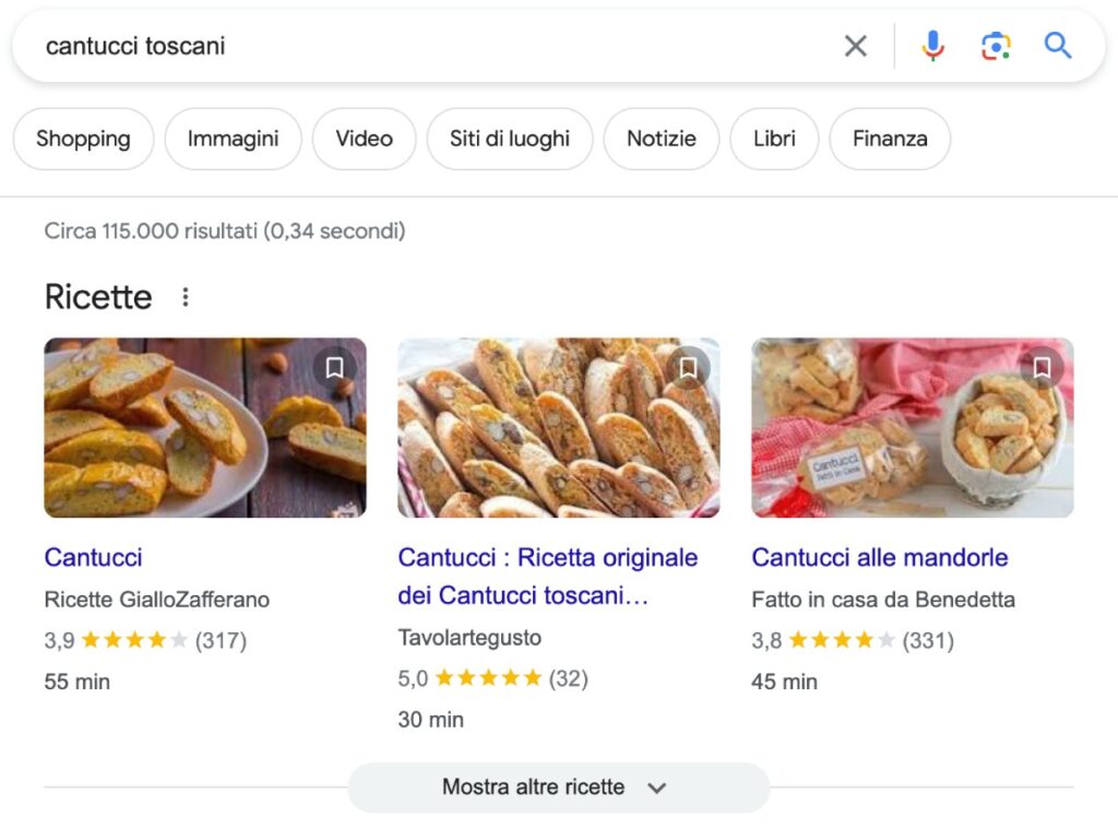 Schede delle ricette su Google