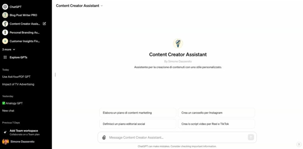 Il content creator assistant è un esempio di GPT personalizzato