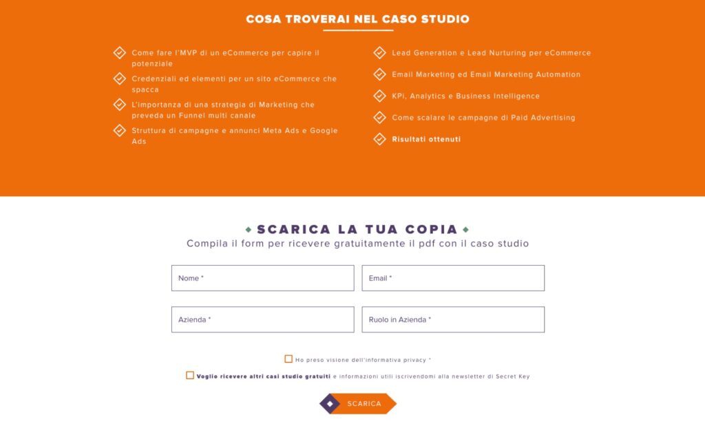 Esempio di struttura di una landing page di Secret Key