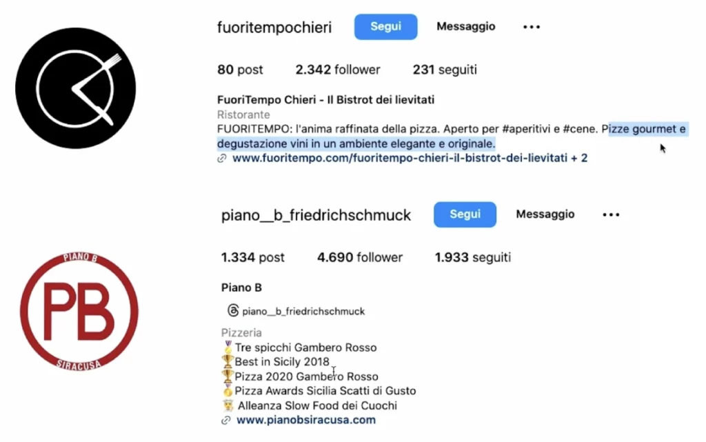 Esempi di biografia di profili Instagram in target con la farina Petra
