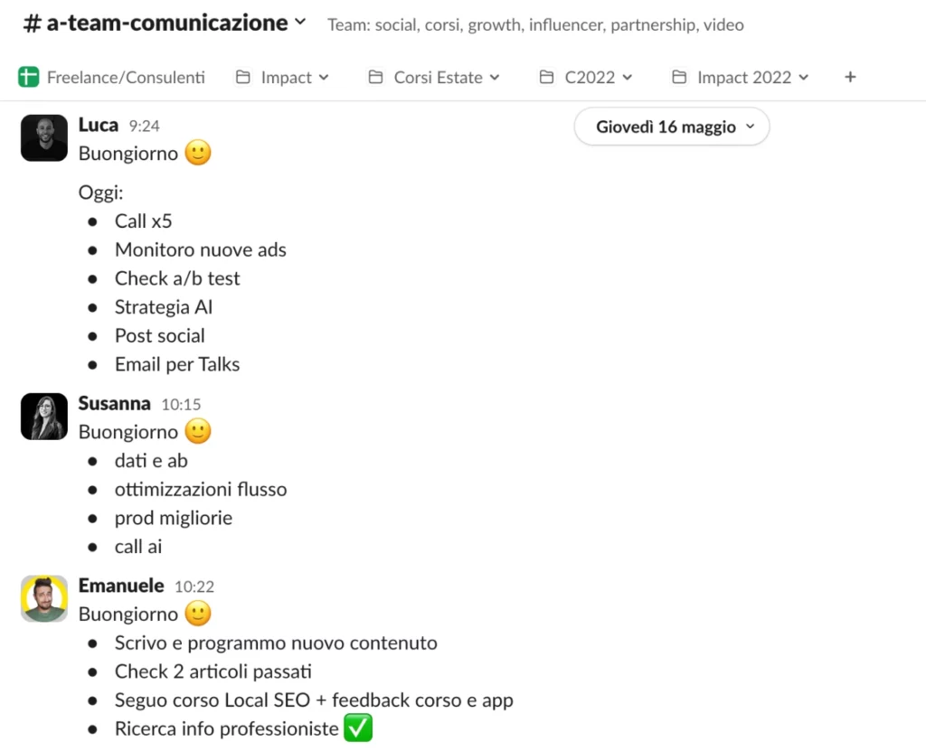 Comunicazione degli obiettivi del team Learnn su Slack