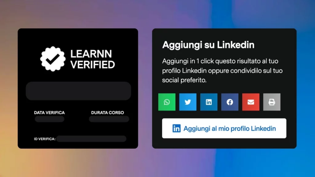 Screenshot attestato Learnn Verified e pulsanti condivisione