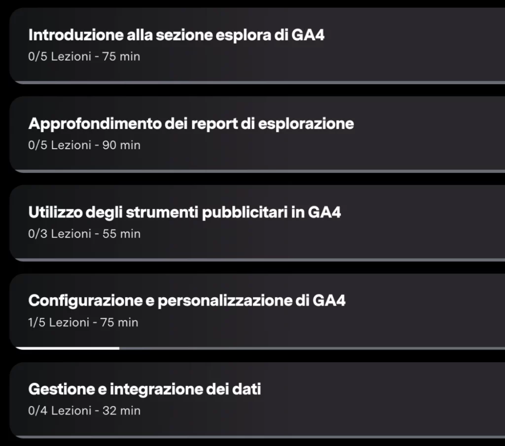 Screenshot della scaletta corso "Google Analytics 4 Avanzato"