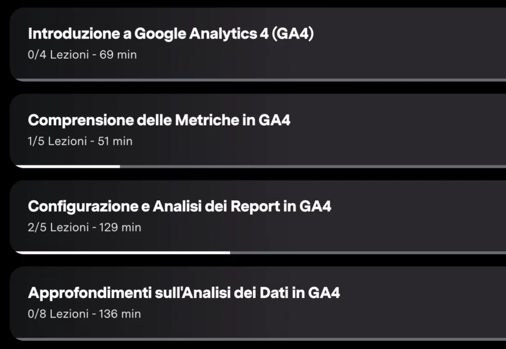 Screenshot della scaletta corso "Google Analytics 4 da Zero"