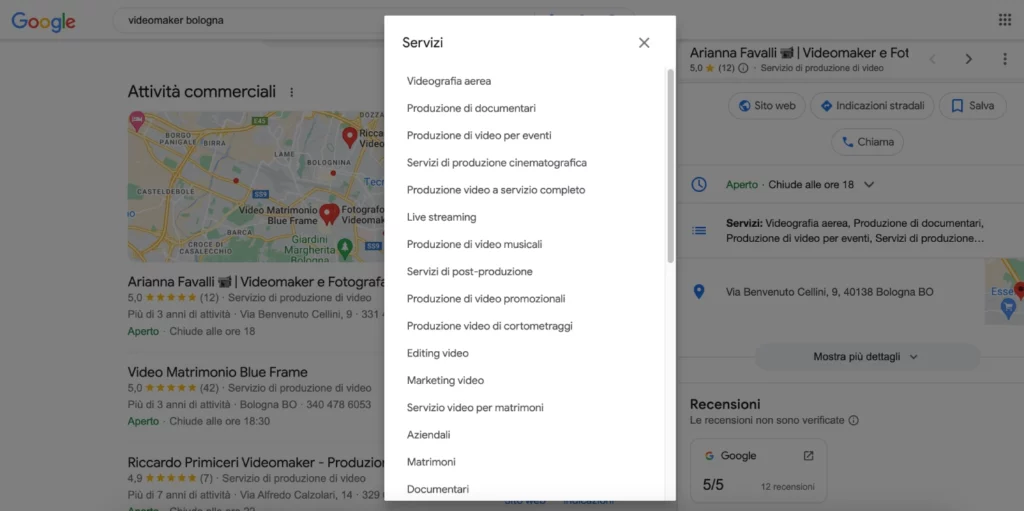 Servizi presenti in scheda Google Business di Arianna Favalli videomaker