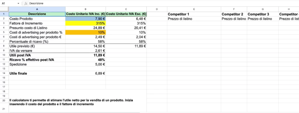 Screenshot del template calcolatore di pricing di Otaiku