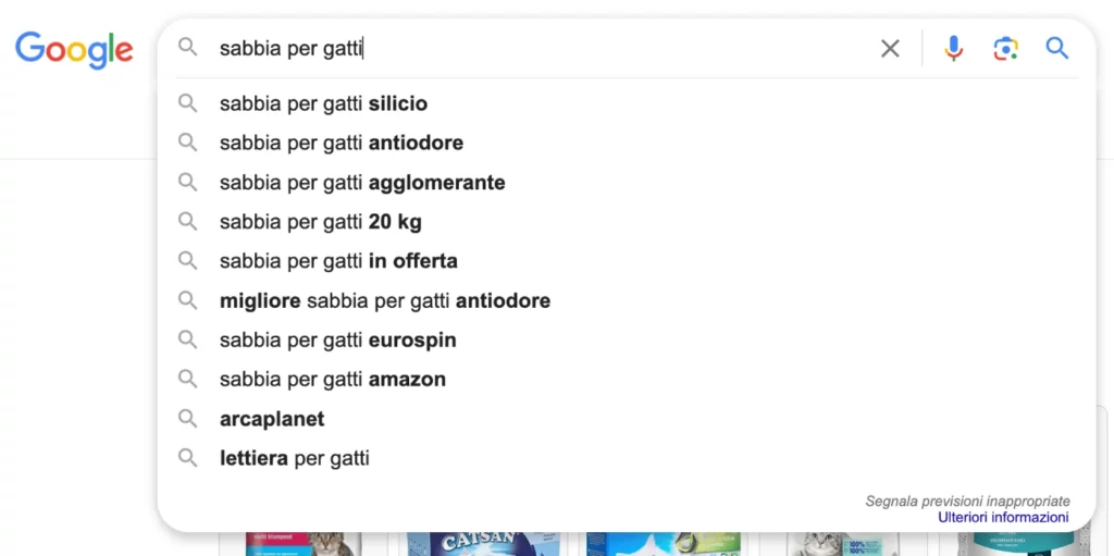 Esempio di ricerca Google per la keyword "sabbia per gatti"