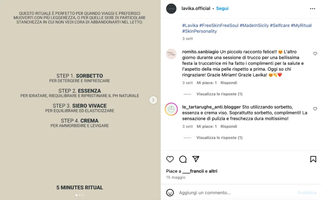 Esempio di comunicazione social del brand Lavika