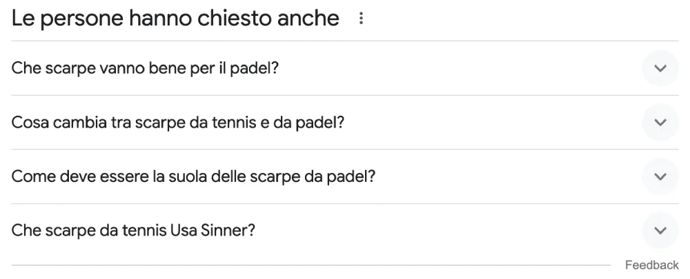 Esempio di People Also Ask sul padel