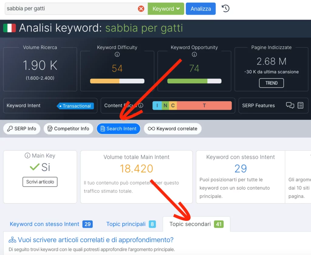 Ricerca search intent per la keyword "sabbia per gatti" su SEOZoom.