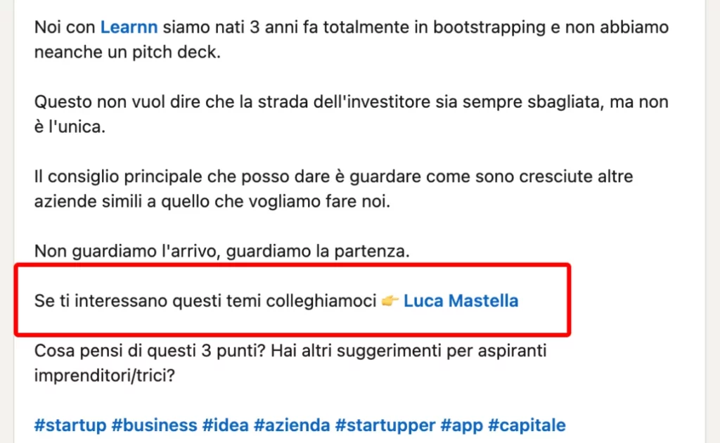 Esempio post LinkedIn di Luca Mastella con strategia mention in azione