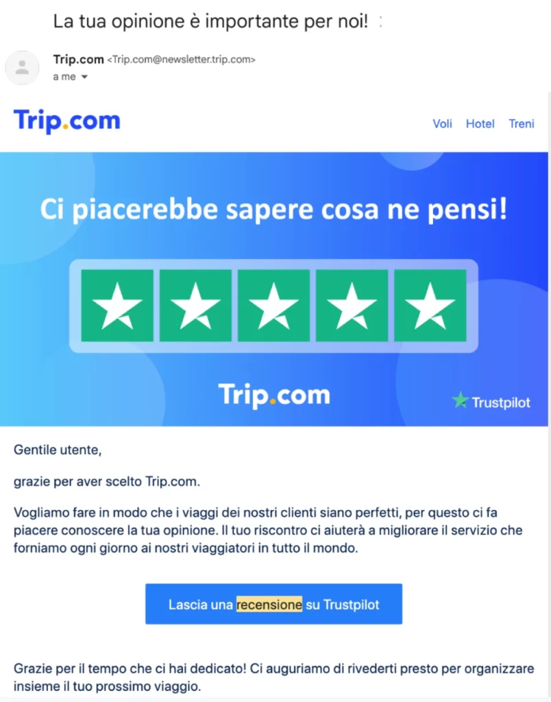 Trip.com e-mail post acquisto