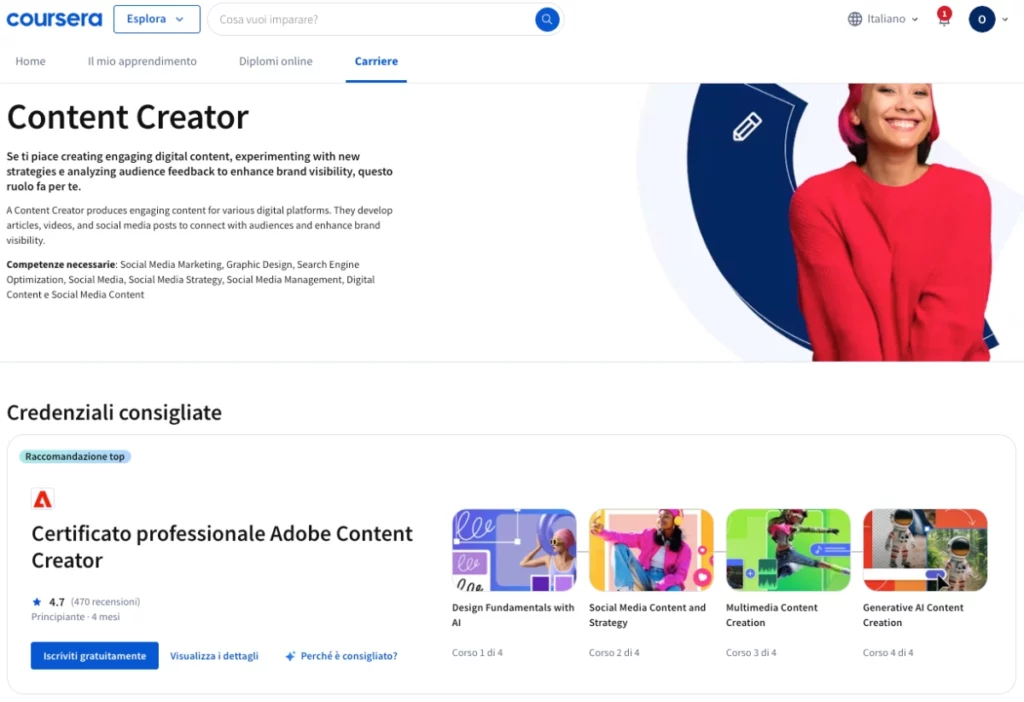 Esempio di percorso "Content Creator" su Coursera