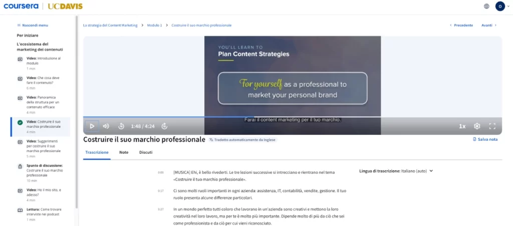 Esempio pagina corso su Coursera