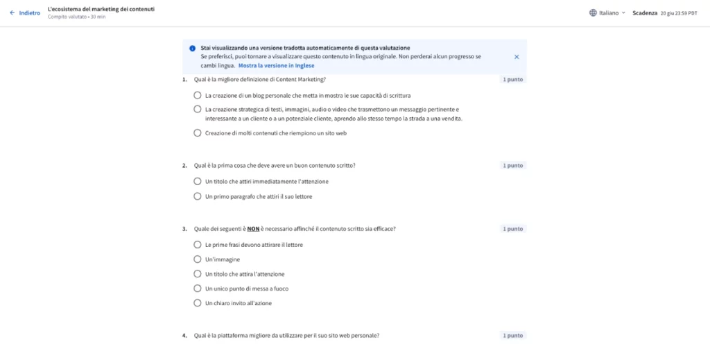 Esempio di quiz corso su Coursera