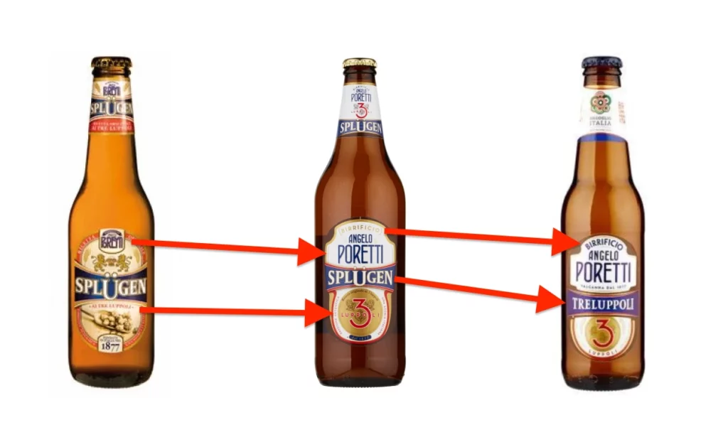 La birra "Splügen" di Angelo Poretti cambia nome in "Tre Luppoli", mentre la scritta "Birrificio" diventa più visibile