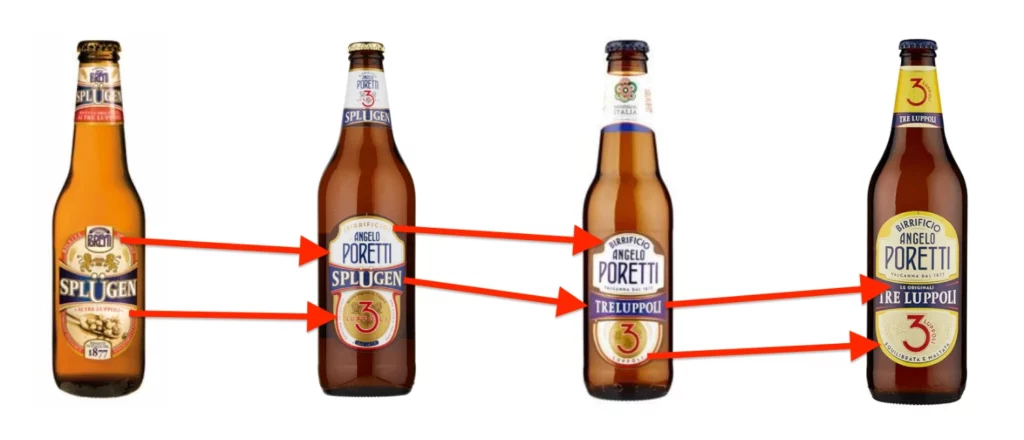 L'etichetta acquista i colori d'orati, come il colore della birra, enfatizza il concetto di tradizione con "Le originali" e le caratteristiche della birra con "Equilibrata e maltata" in etichetta