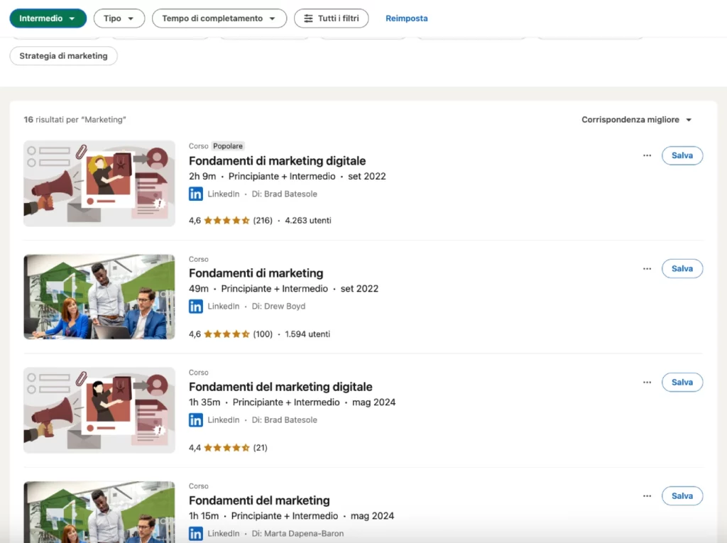 Esempi di corsi presenti su LinkedIn Learning