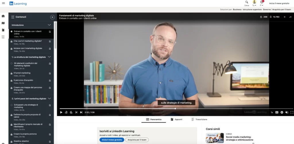 Schermata di un corso su LinkedIn Learning