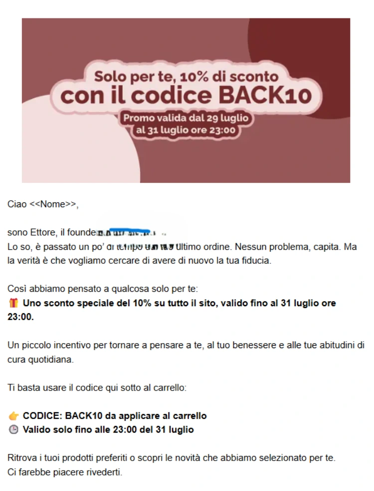 E-mail di apertura con presentazione founder