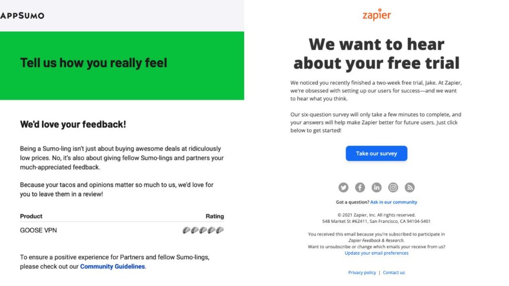Esempi di newsletter: AppSumo chiede un feedback sull'ultimo tool acquistato, Zapier chiede un feedback sul free trial