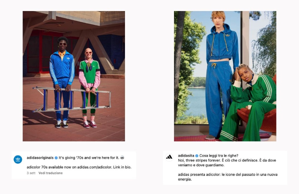 Screenshot di due post Instagram di Adidas, in cui i soggetti non fanno percepire l'energia di cui il brand parla