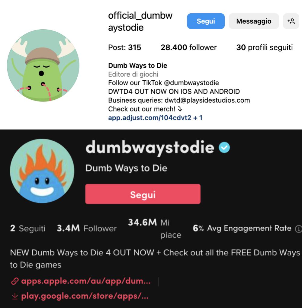 Screenshot delle biografie profilo Instagram e TikTok di Dumb Ways To Die